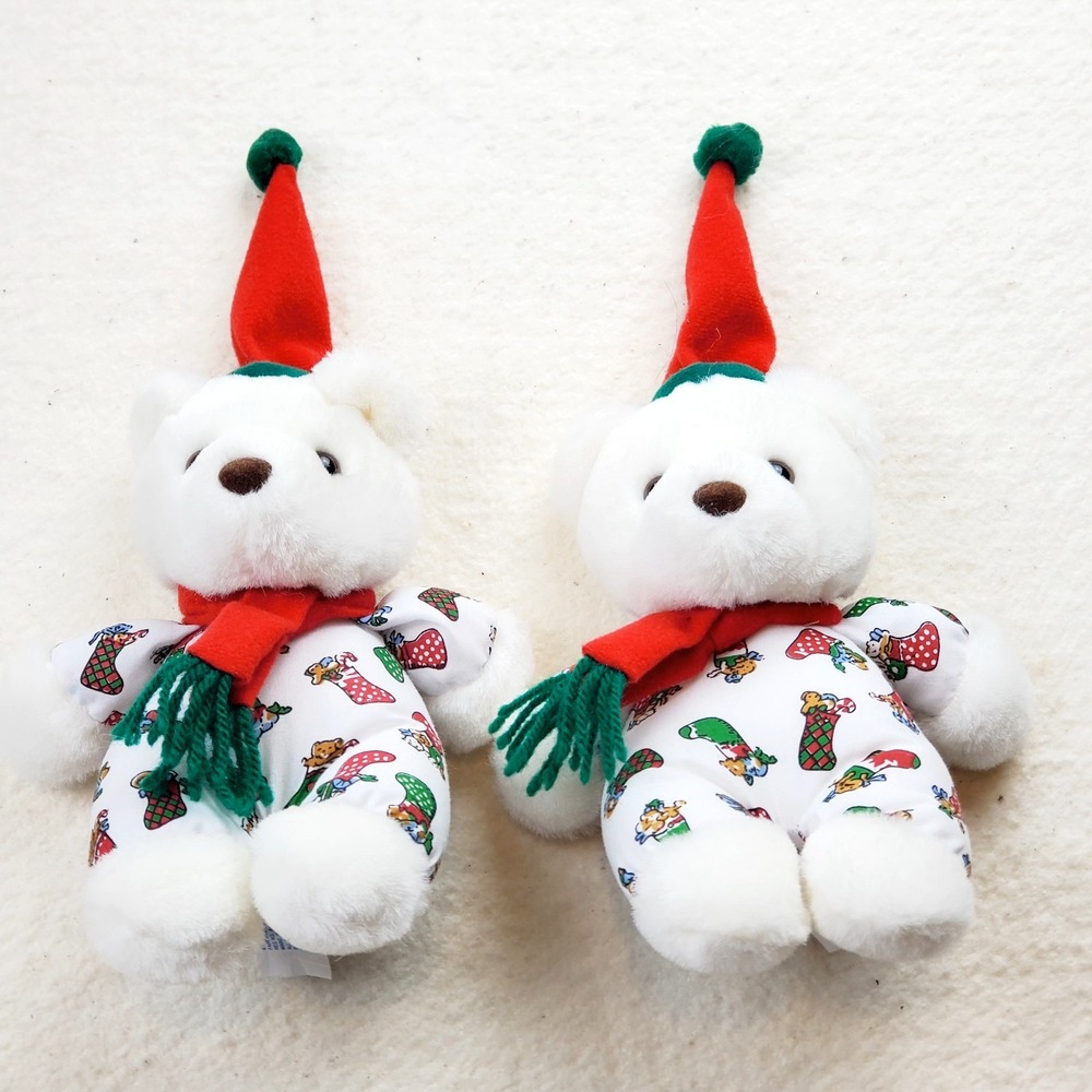 Lot of 2 Vtg Christmas Teddy Bears KIDS of AMERICA Plush White Stuffed Toy Hat